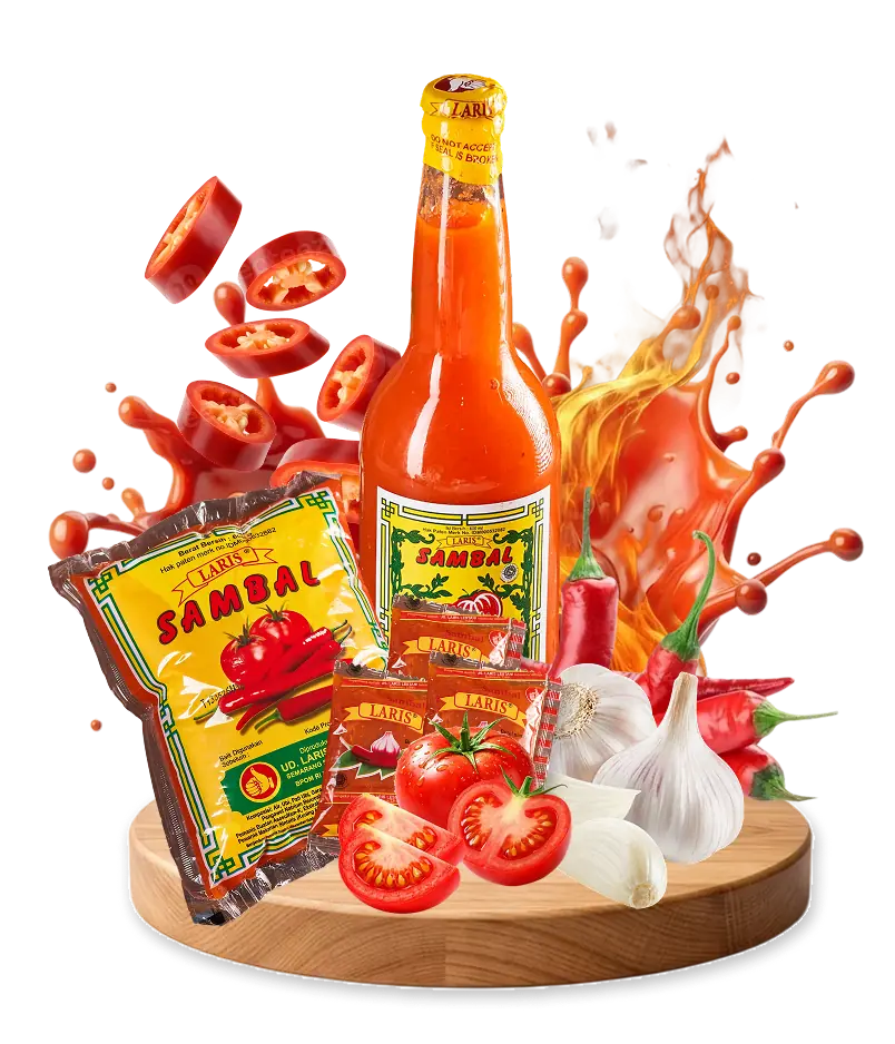 Saus Sambal Laris dalam botol, pouch dan sachet dikelilingi cabai, tomat dan bawang putih